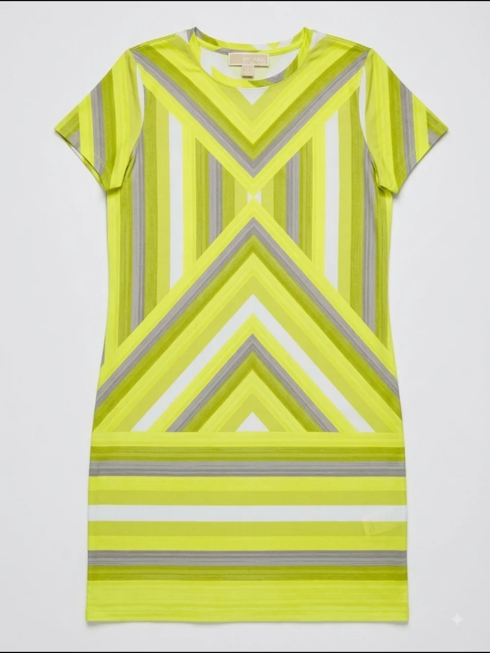 Bright Yellow Grey & White Geometric Stripe T-Shirt Dress